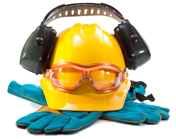 Yellow hard hat with safety glasses, ear defenders and work gloves